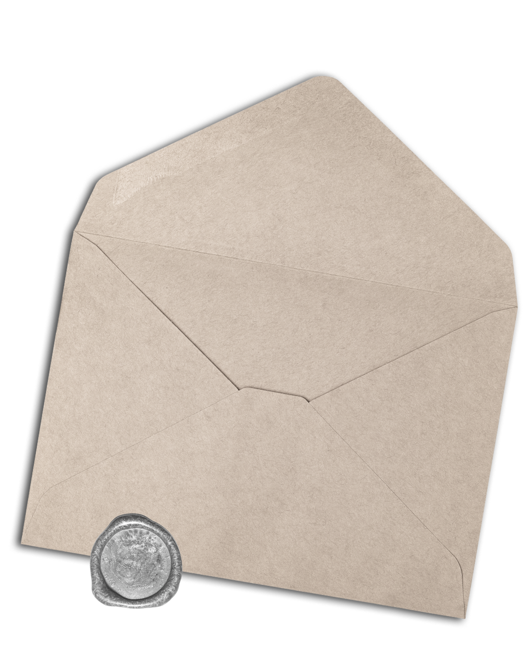 Open beige envelope with a silver wax seal on the flap.