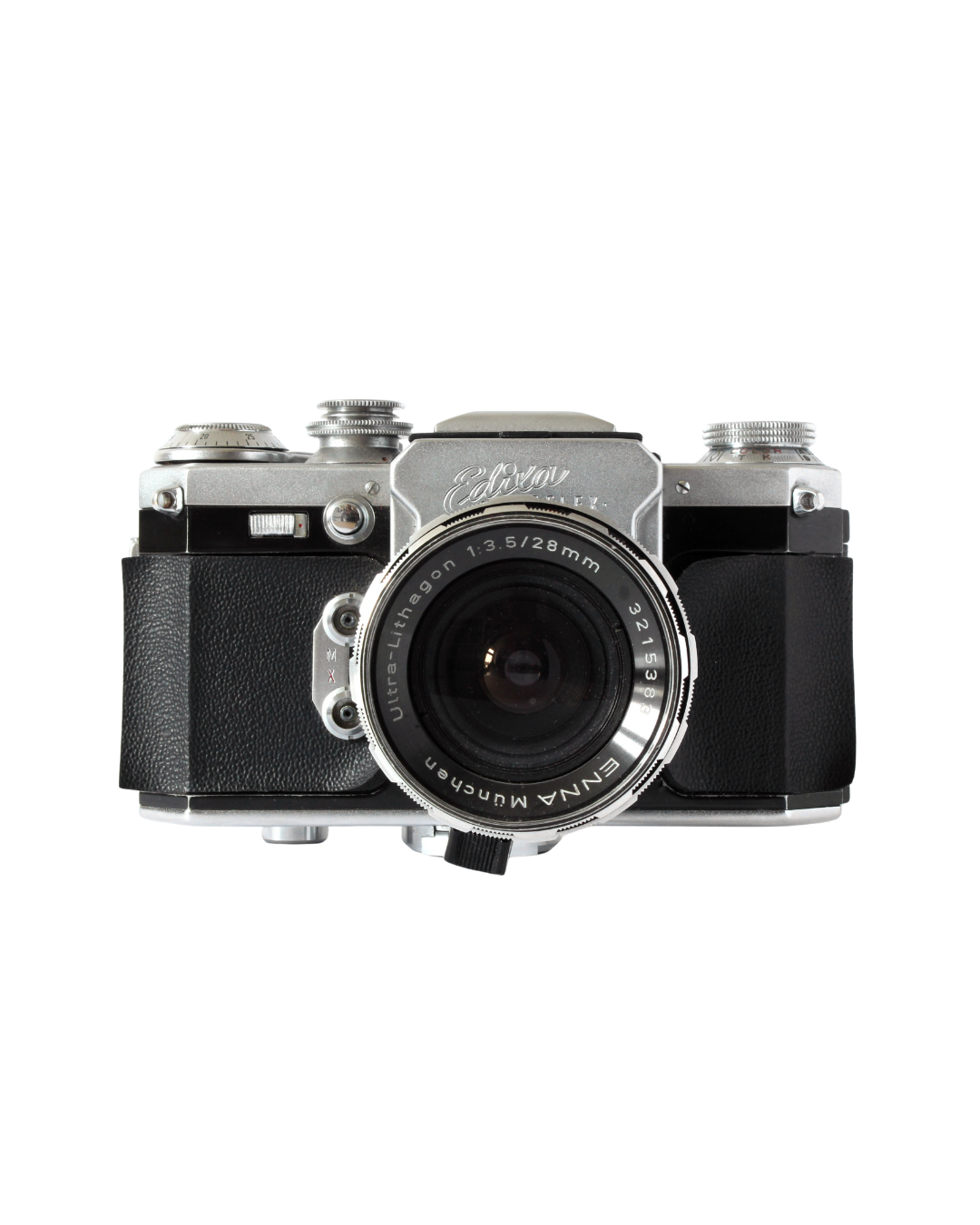 A vintage camera with a silver and black body and a lens marked 'Eyna-Munch 28mm'.
