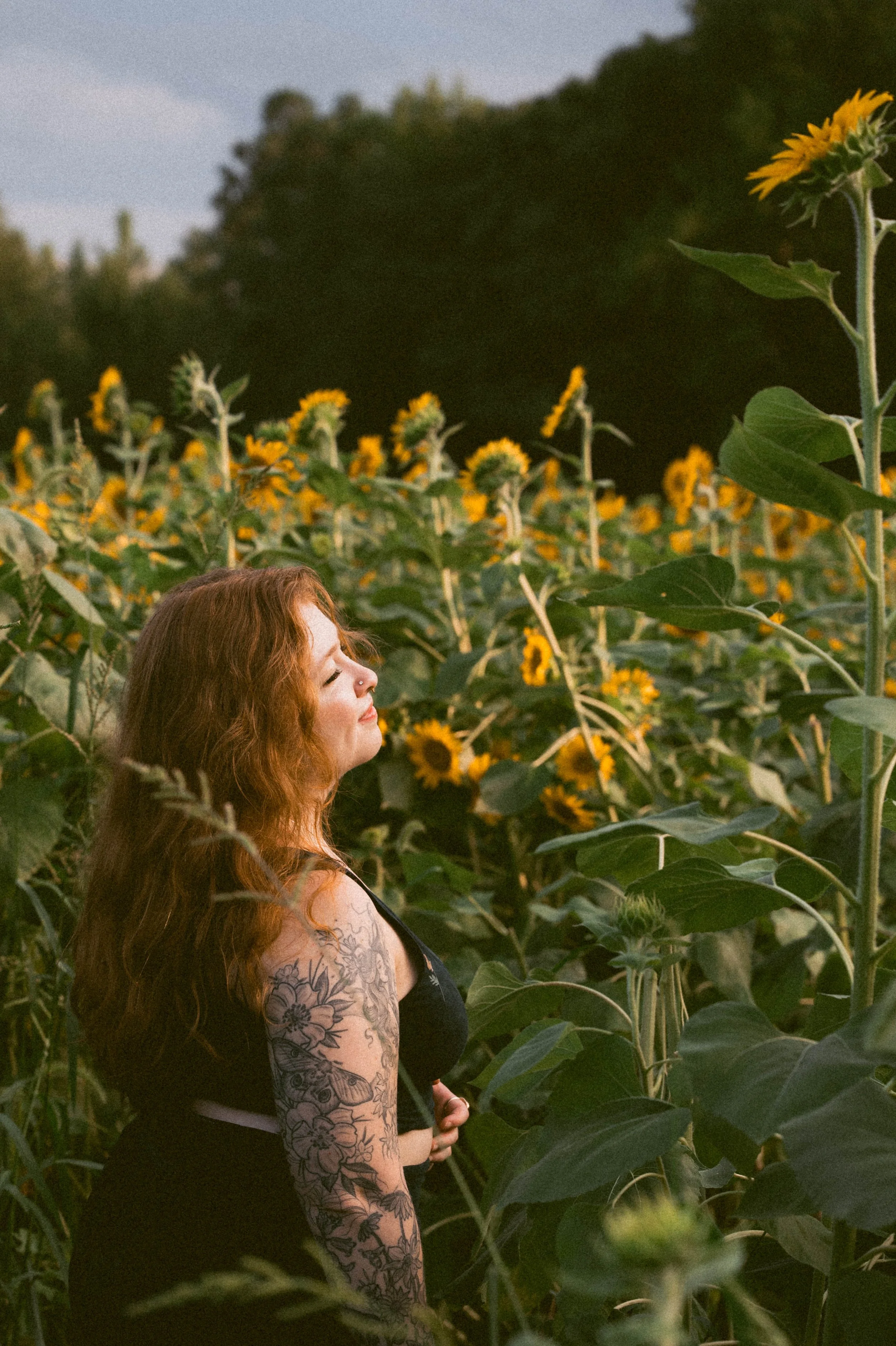 A woman with long red hair and tattoos on her arms standing among tall sunflowers, with trees in the background during late afternoon or early evening.