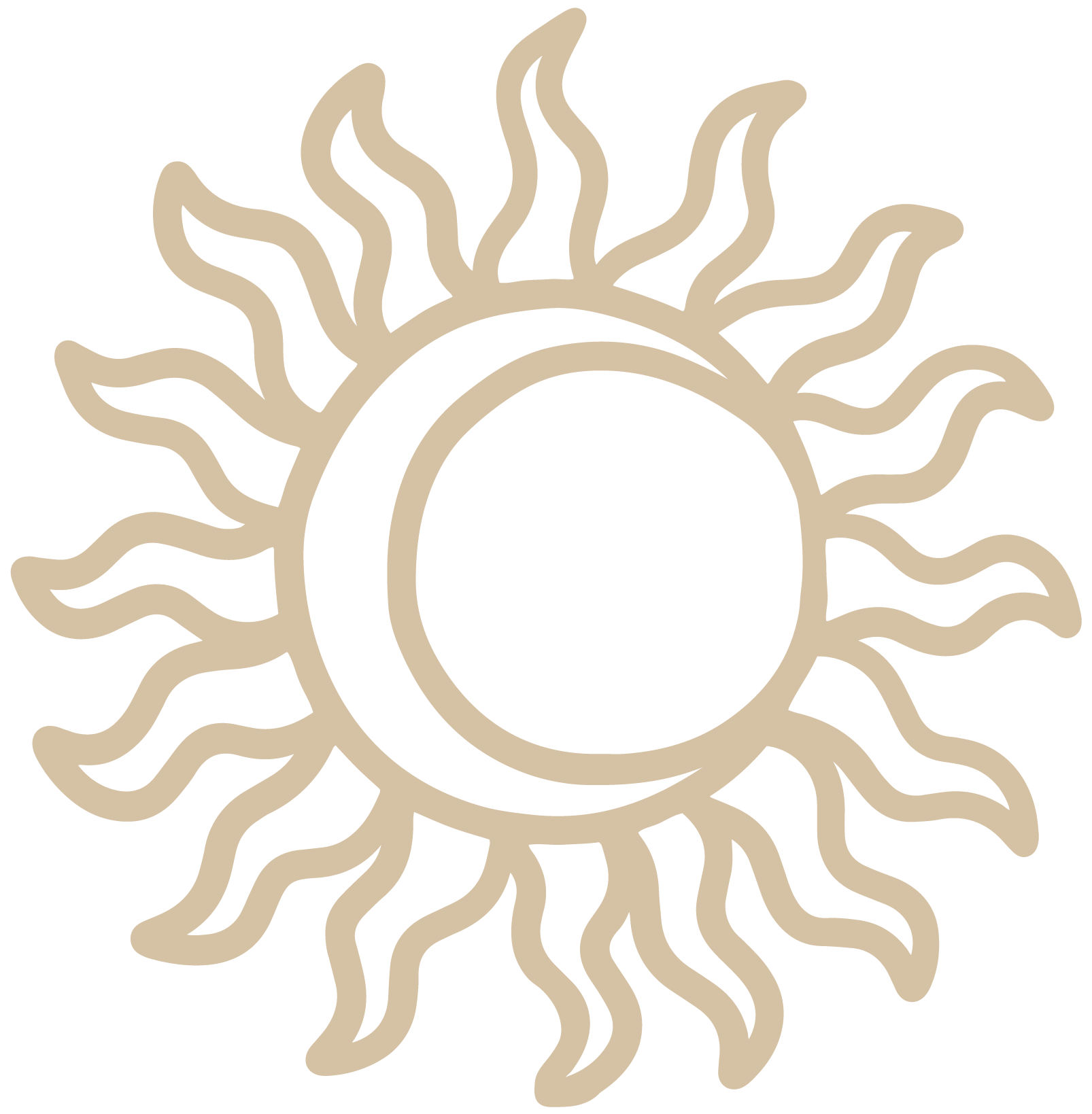 Illustration of a sun and moon with radiating wavy rays, depicted in a beige color on a black background.