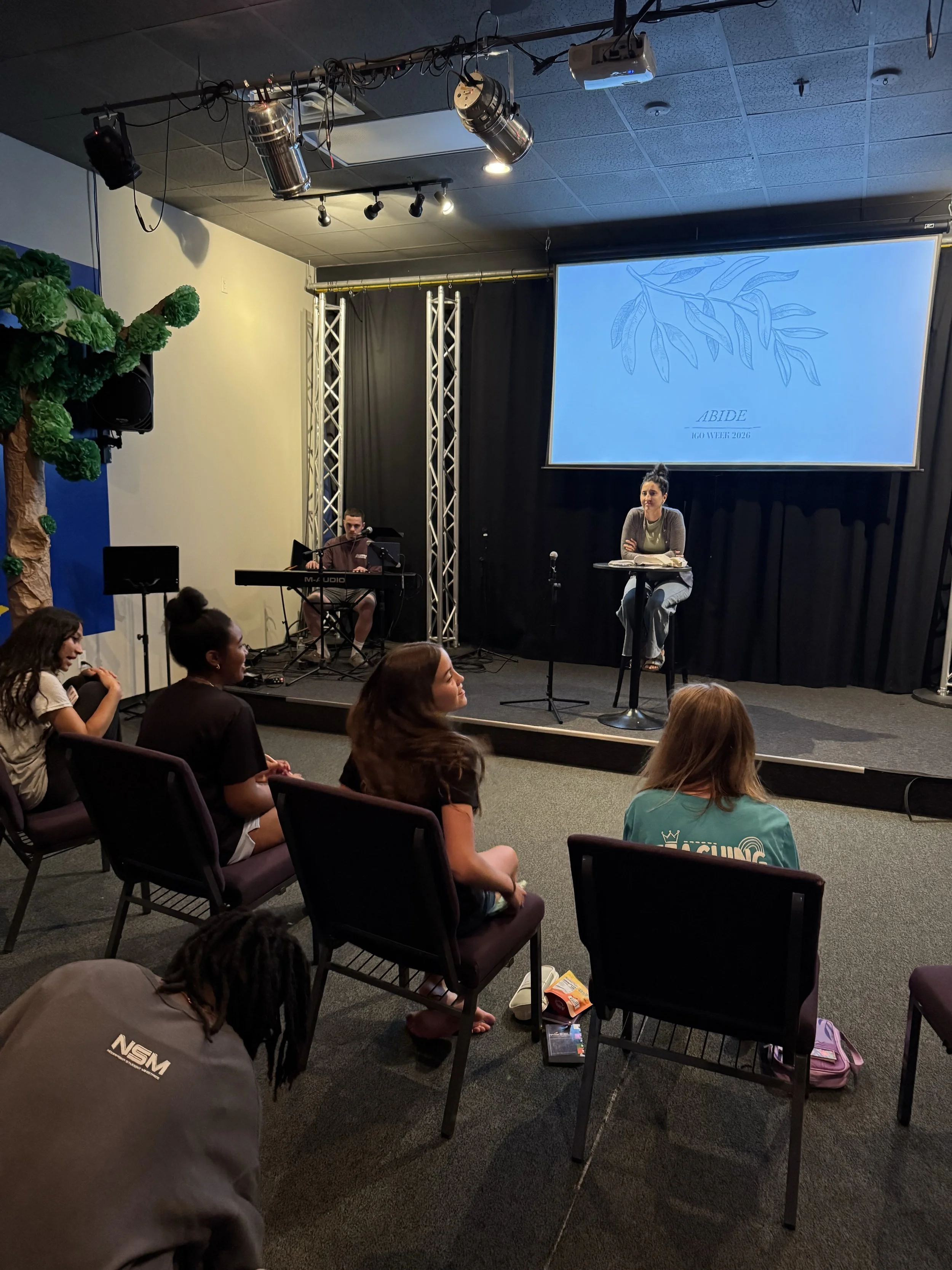 People attending a presentation or event in an auditorium with a large projection screen displaying a nature-themed slide with leaves and the words 'ABIDE' and '16 OCTOBER 2026'. There is a woman sitting on a stool at the front, and a person playing 