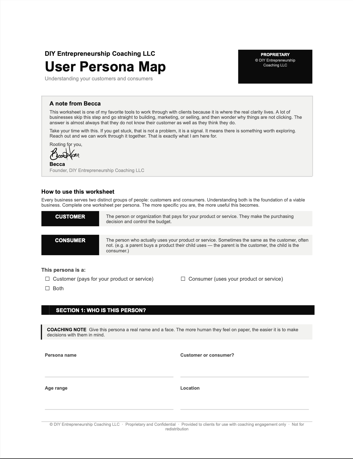 A professional worksheet titled 'User Persona Map' from DIY Entrepreneurship Coaching LLC, providing instructions on how to identify and understand customer and consumer personas for business. The worksheet includes sections for notes, persona description, and coaching tips.