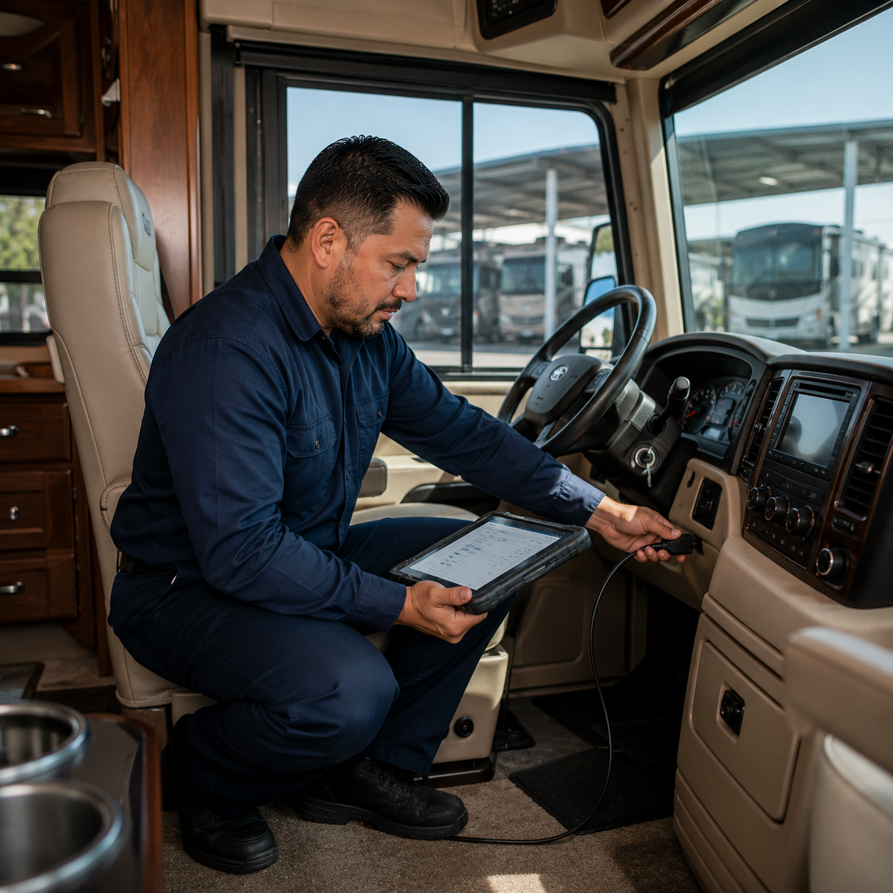 A man in a blue shirt is seated in the driver's seat of an RV, using a tablet and a diagnostic tool connected to the vehicle. Outside the window, multiple RVs are parked under a covered area.