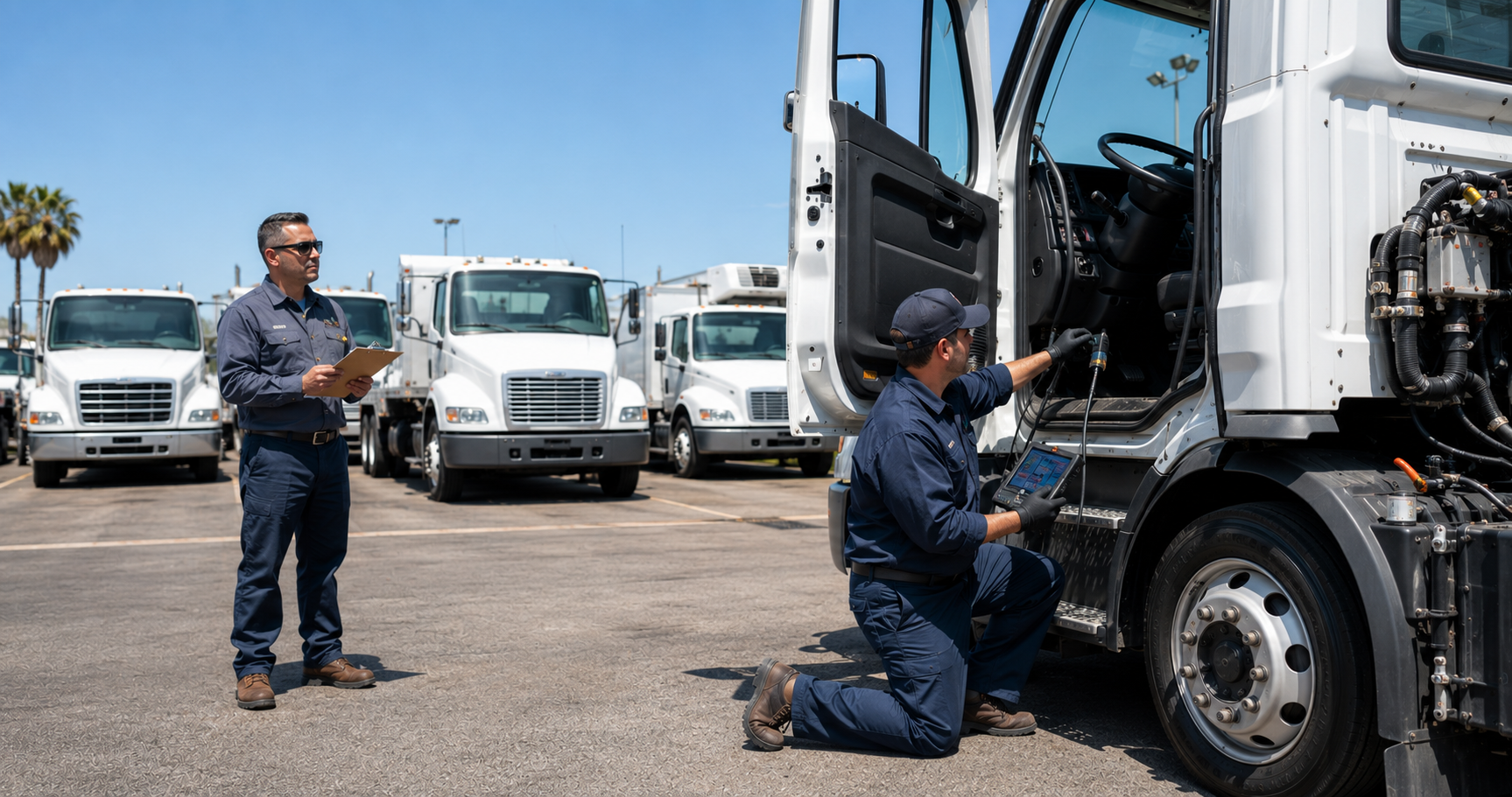Two maintenance workers inspecting a large white semi-truck in a parking lot with similar trucks in the background under a clear blue sky.