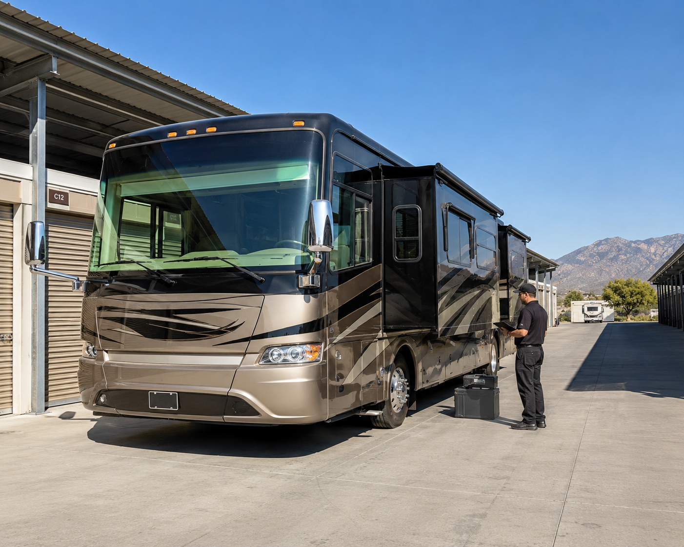 A man in black work clothes and a cap is inspecting a large luxury motorhome with a clipboard outside a storage facility. The motorhome has a black and gold exterior with a mountain range in the background on a clear day.