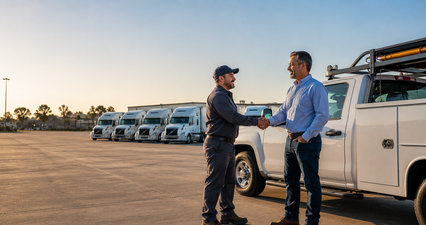 Two men shaking hands next to a white work truck in a parking lot, with multiple semi-trucks lined up in the background at sunset.