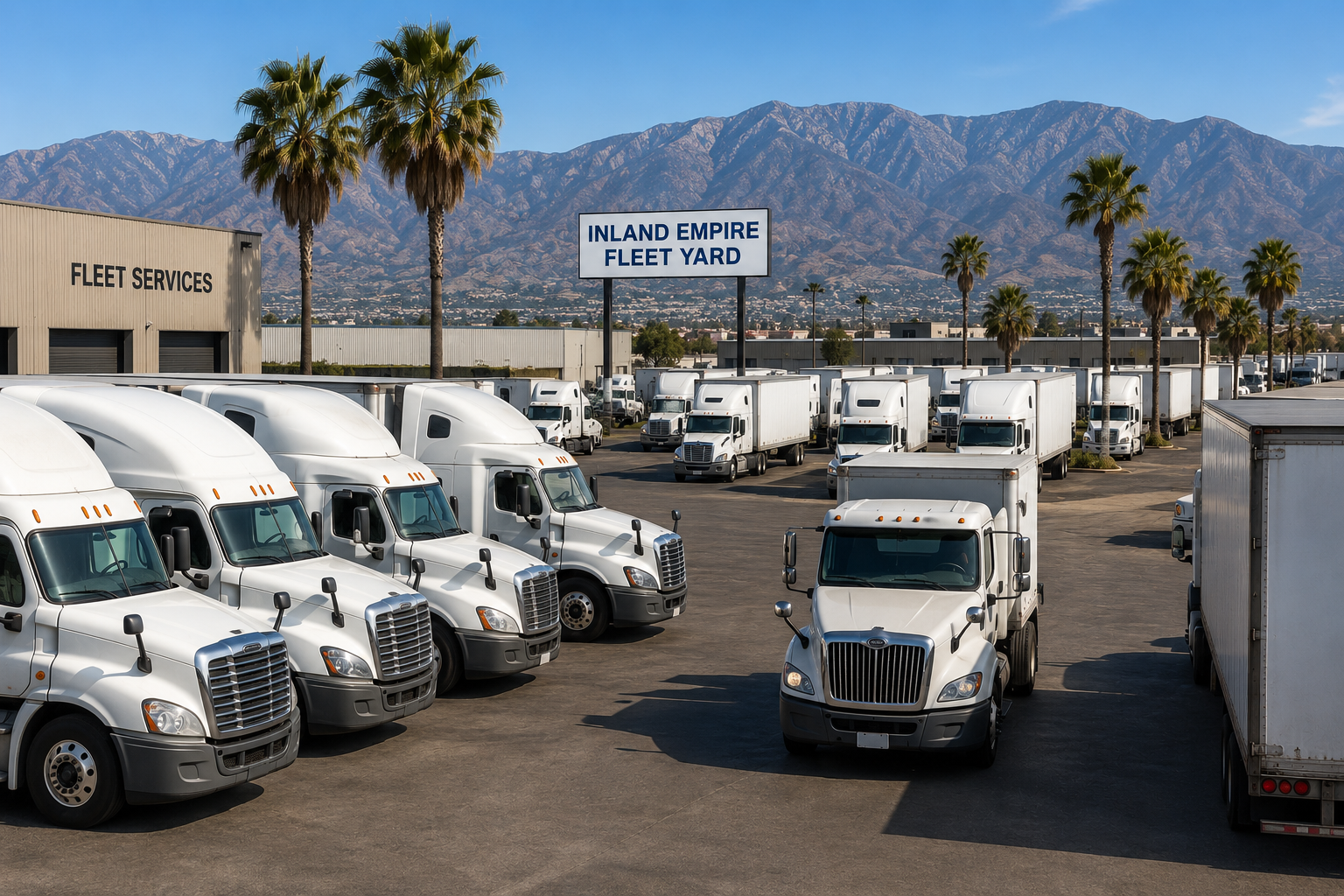 Fleet yard with multiple white trucks parked in rows, palm trees and mountains in the background, sign reading 'Inland Empire Fleet Yard', and a building with 'Fleet Services' signage.