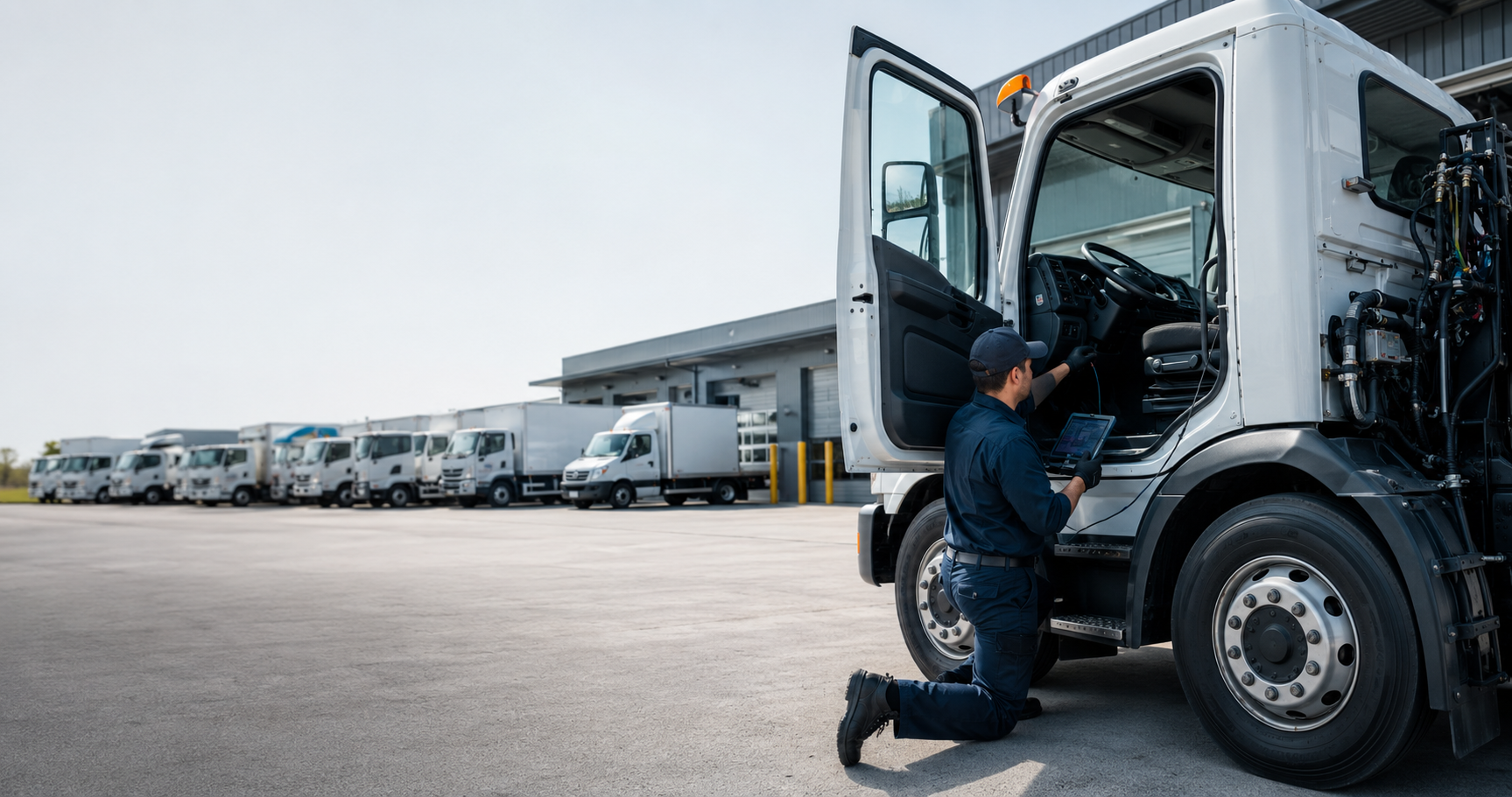 A mechanic kneeling beside a semi-truck cab, inspecting or repairing the vehicle with a tablet in hand, with a row of similar trucks parked in the background at a loading dock.