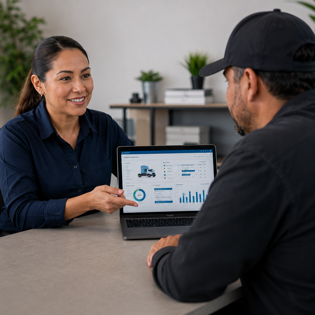 A woman discusses business data with a man during a meeting, showing charts and graphs on a laptop screen.