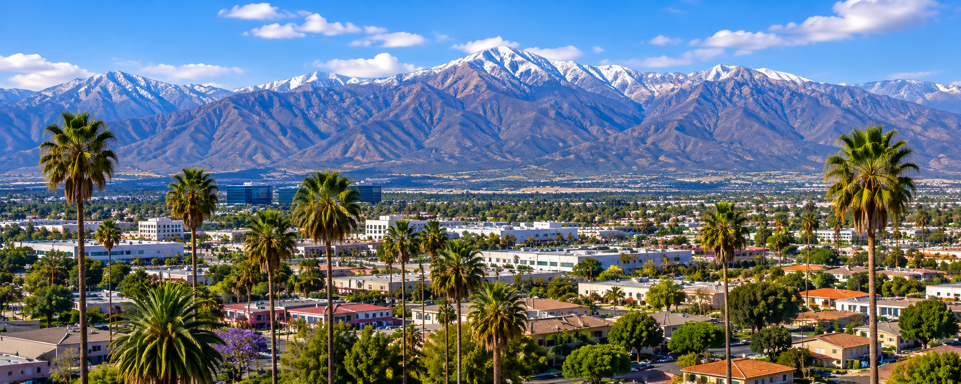 Cityscape with tall palm trees, low-rise buildings, and a mountain range with snow-capped peaks in the background under a partly cloudy sky.