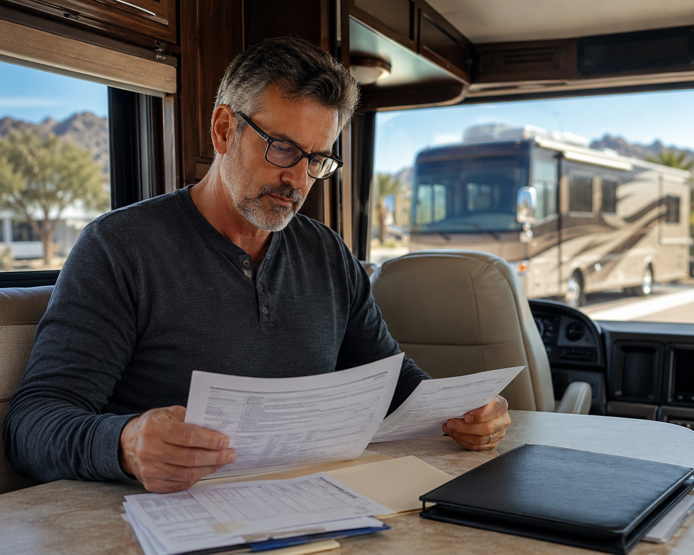 A man with gray hair and glasses, wearing a black long-sleeve shirt, reading documents at a table inside an RV. Outside the window, a large beige and brown RV is parked, with mountain scenery in the background.