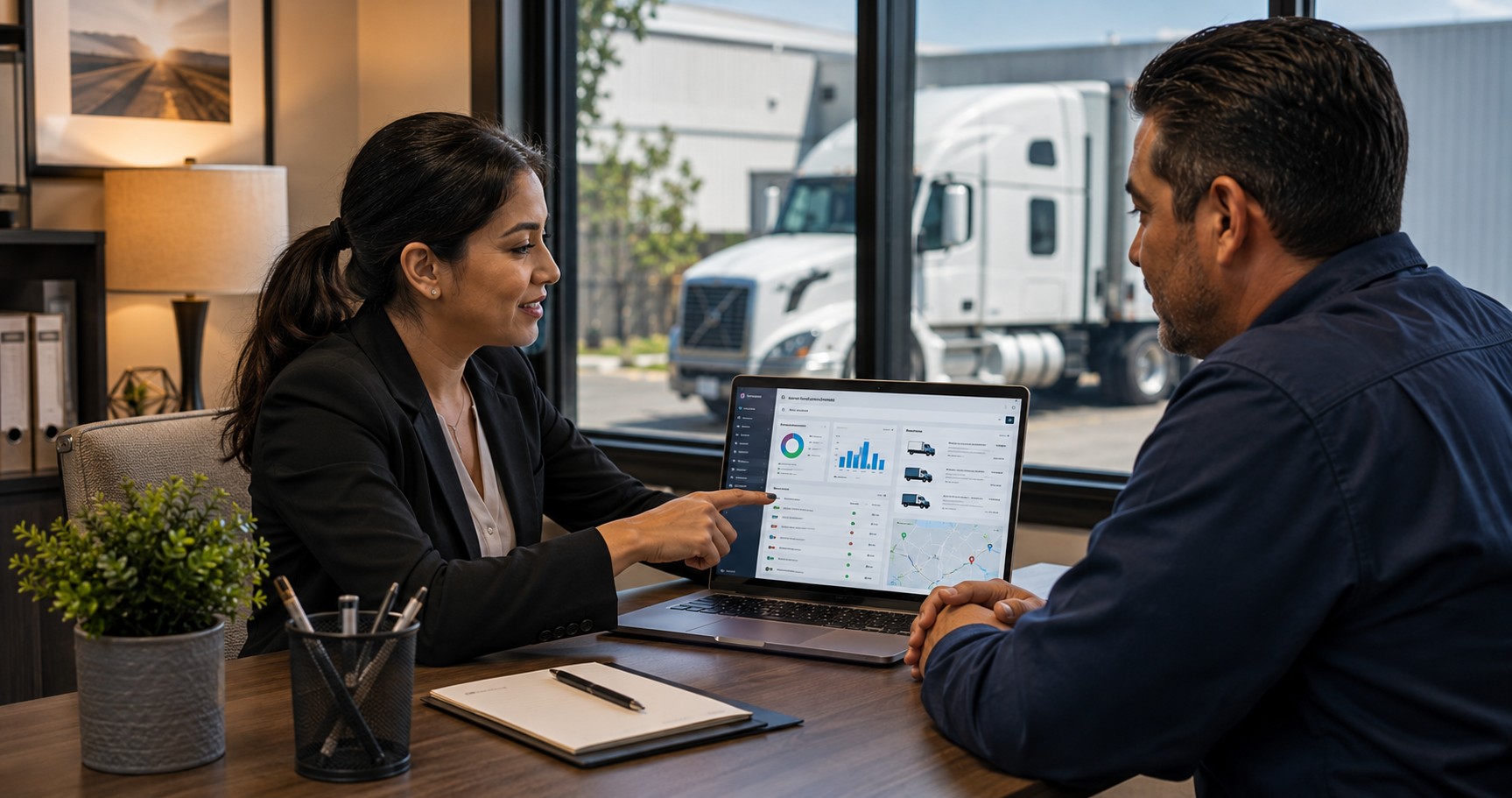 A woman and a man sitting at a desk in a meeting room, looking at a laptop screen with graphs and charts, with a window showing trucks outside.