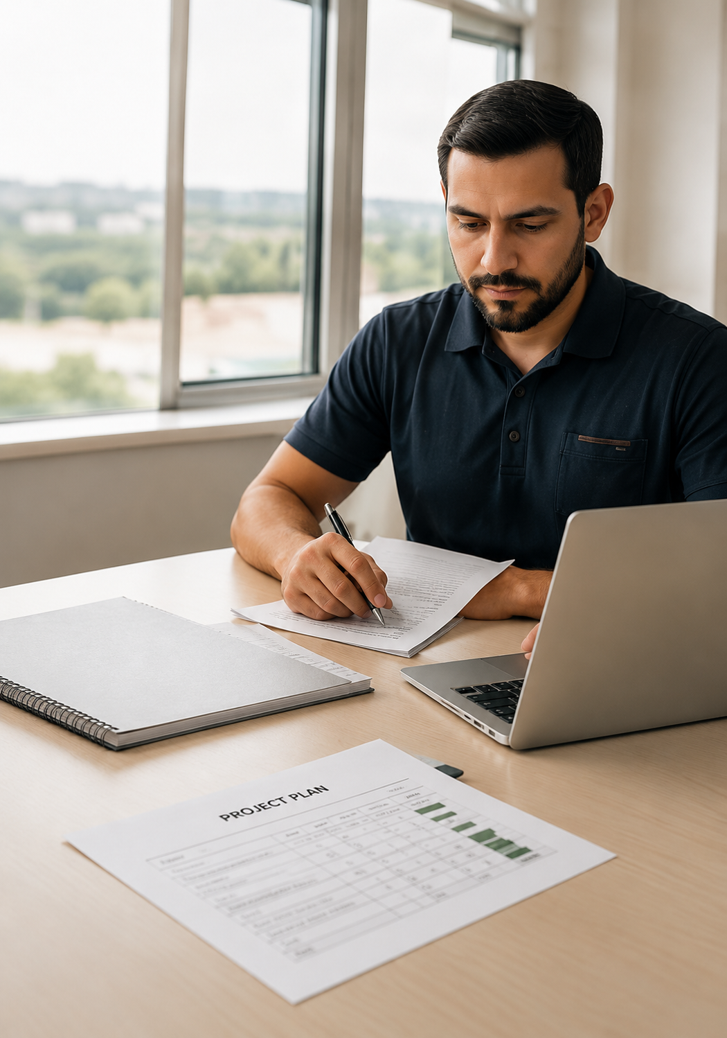 Man working at a desk with papers, a laptop, and a project plan document in a well-lit office.
