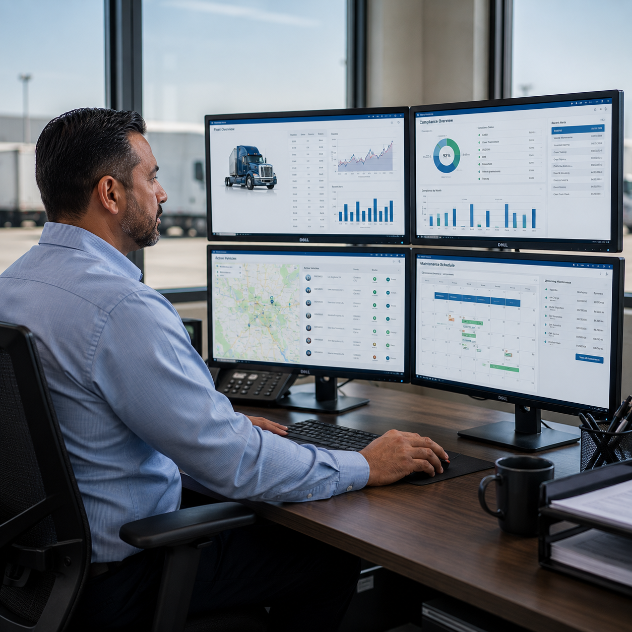 Man working at a desk with four computer monitors displaying transportation and logistics data, including truck images, charts, maps, and schedules, in an office with large windows.