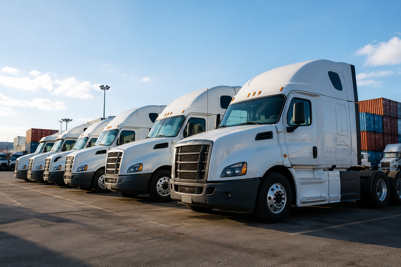 A row of white semi-trucks parked in a lot with stacked shipping containers in the background under a blue sky.
