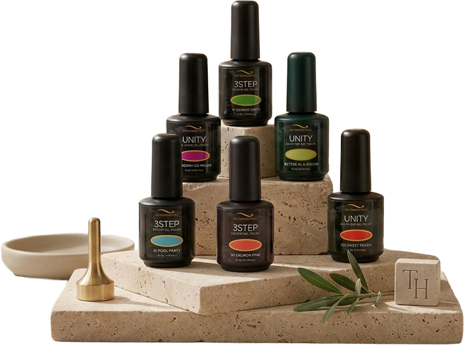 Assorted nail polish bottles arranged on a tiered stone display with a small bowl, a gold nail dotting tool, an olive branch, and a stone with the letter 'TH' on it in a minimalistic setting.