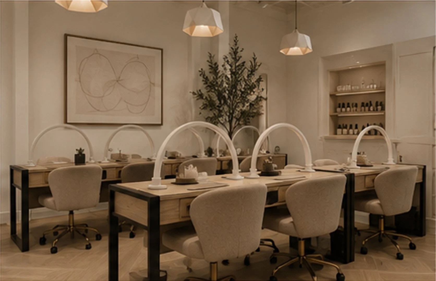 A cozy restaurant with a long wooden table set with placemats, napkins, and small potted plants. Beige cushioned chairs on rolling wheels surround the table. Over the table are modern white lamps. The back wall has a large abstract line art painting and a built-in shelf with bottles and decorative items. A potted tree adds greenery to the neutral decor.