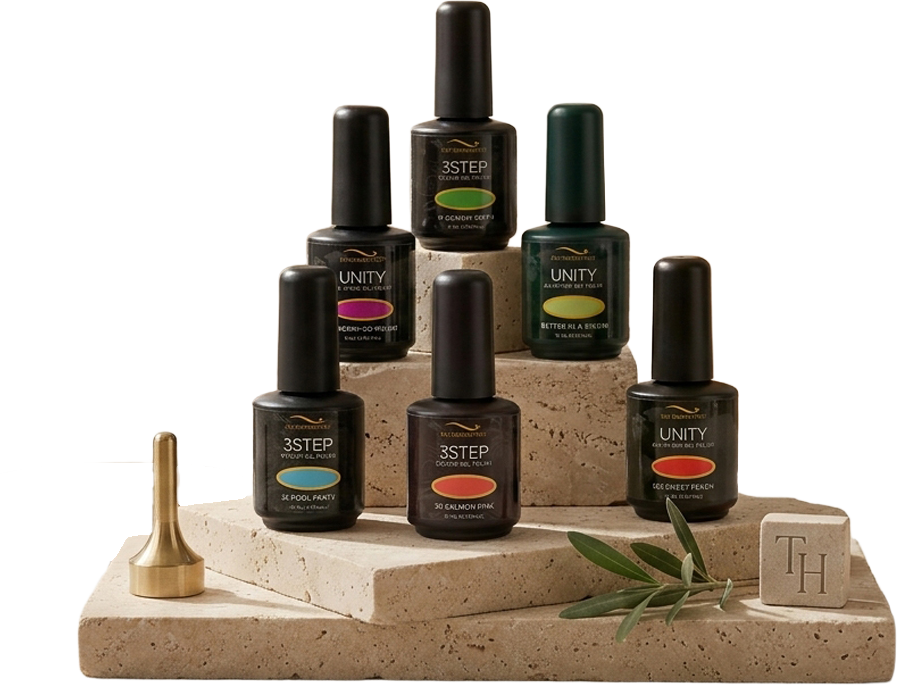 Six bottles of 3STEP gel nail polish displayed on a tiered stone stand with a small gold nail polish bottle and a stone block with the letters 'TH' and some green leaves