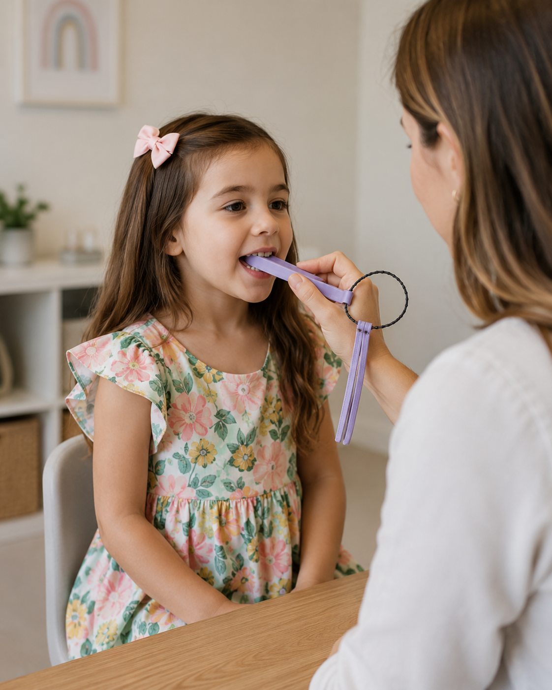 A young girl receiving orofacial myofunctional therapy with a bite block in Savannah, GA.