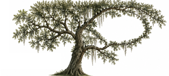 A large, sprawling tree with hanging moss and lush green leaves that form a speech bubble.