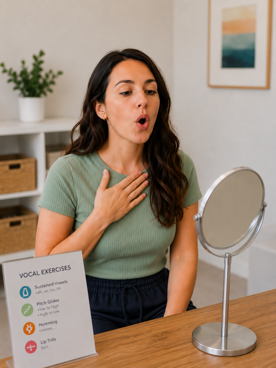 A woman practicing vocal exercises in front of a mirror, while receiving voice therapy in Savannah, GA.