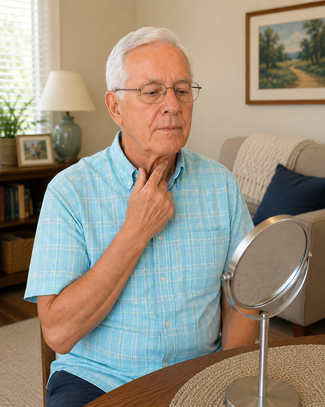 An elderly man with white hair and glasses looks at himself in a mirror while touching his neck. He is sitting at a dining table in a cozy living room, practicing swallowing exercises for dysphagia in Savannah, GA.