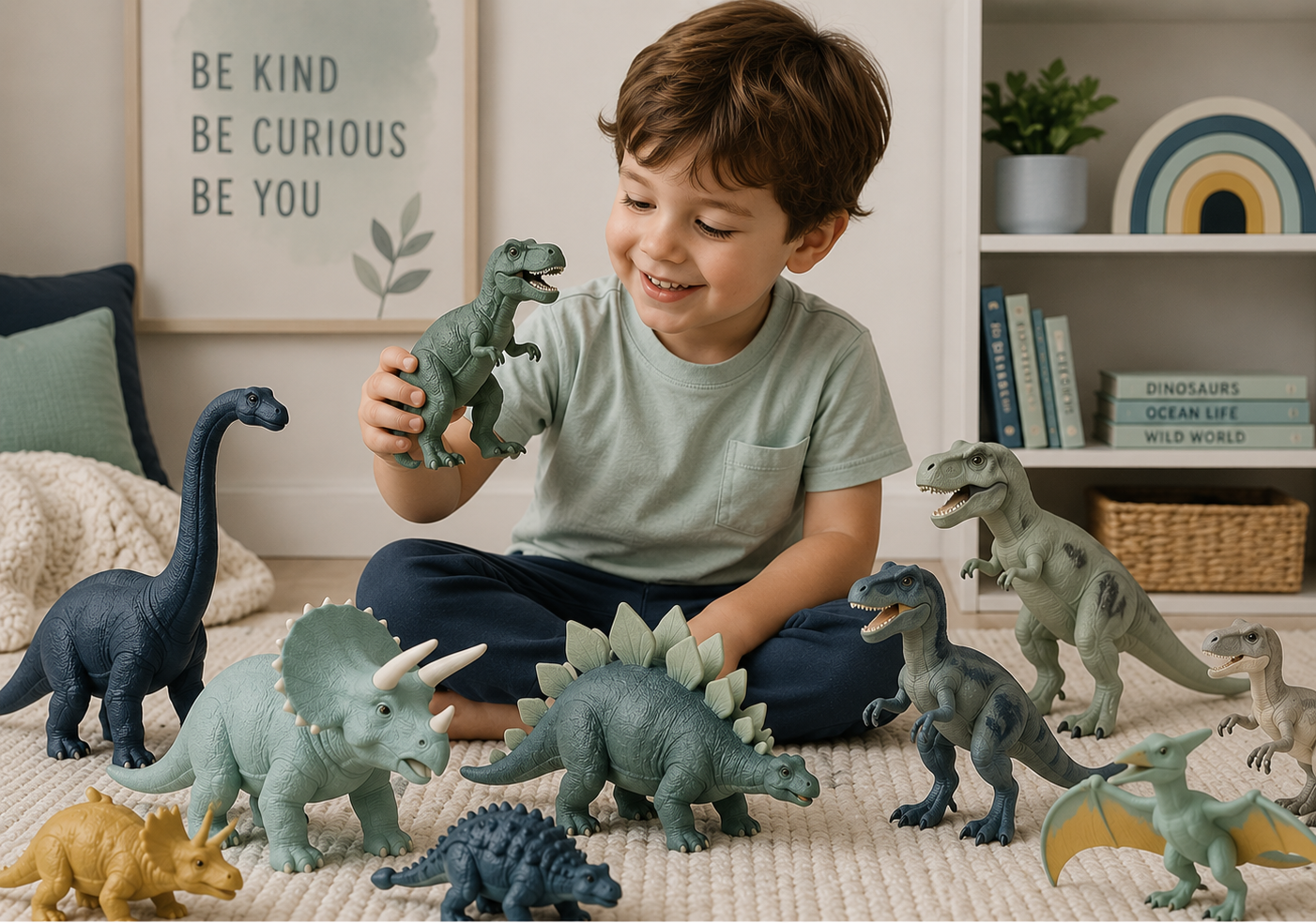 A young boy sitting on a beige carpet playing with toy dinosaurs in a cozy, well-decorated room, learning to talk during speech therapy in Savannah, GA.