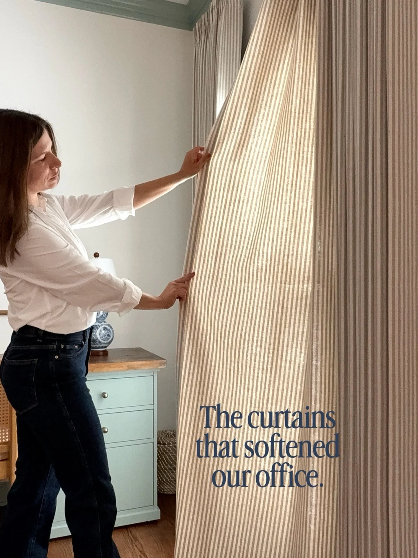 Gifted by @luxdrapes 

I wasn&rsquo;t sure about adding curtains to our office, but seeing these striped panels in place, I love how they soften the windows and make the whole room feel a little warmer.

I linked the exact curtains on LTK, where I ma