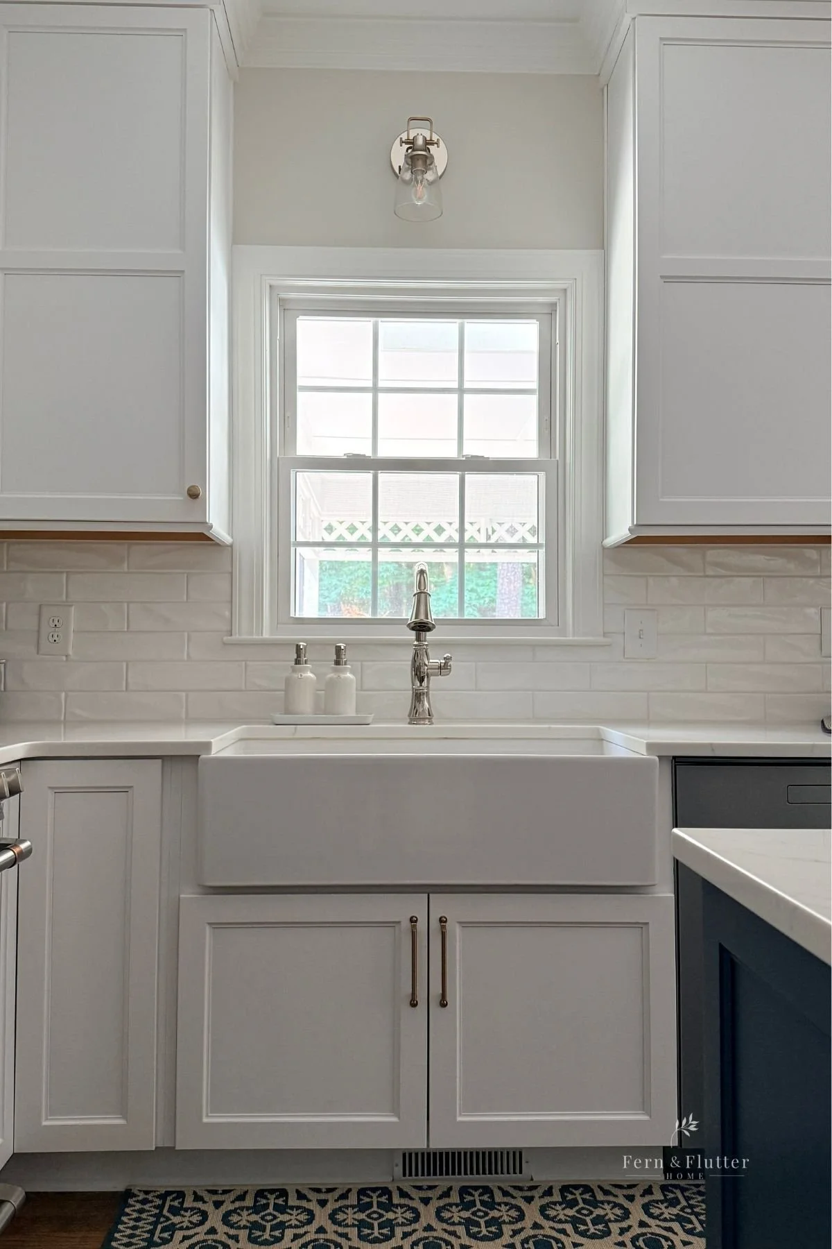 How to hang café curtains in white kitchen.