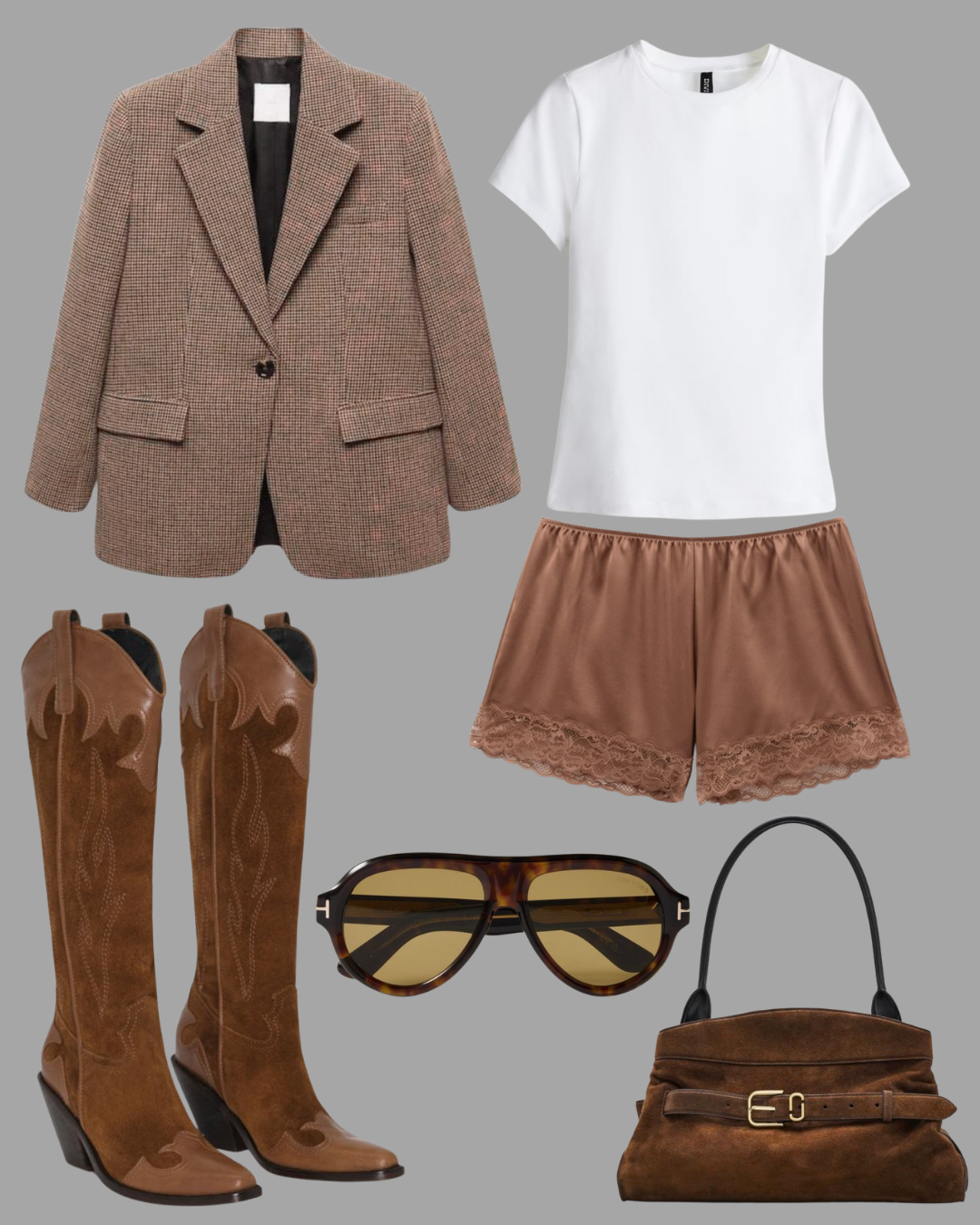 A collection of fashion items including a brown checkered blazer, white T-shirt, brown satin shorts with lace trim, brown cowboy boots, tortoiseshell sunglasses, and a brown suede handbag with a belt detail. All items are displayed on a gray background.