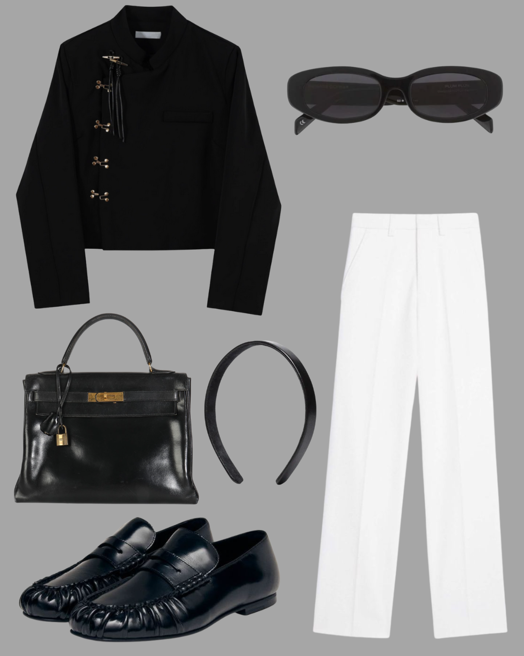 A collection of fashionable women's clothing and accessories on a gray background, including a black jacket, white wide-leg pants, black sunglasses, a black handbag, a black headband, and black shoes.