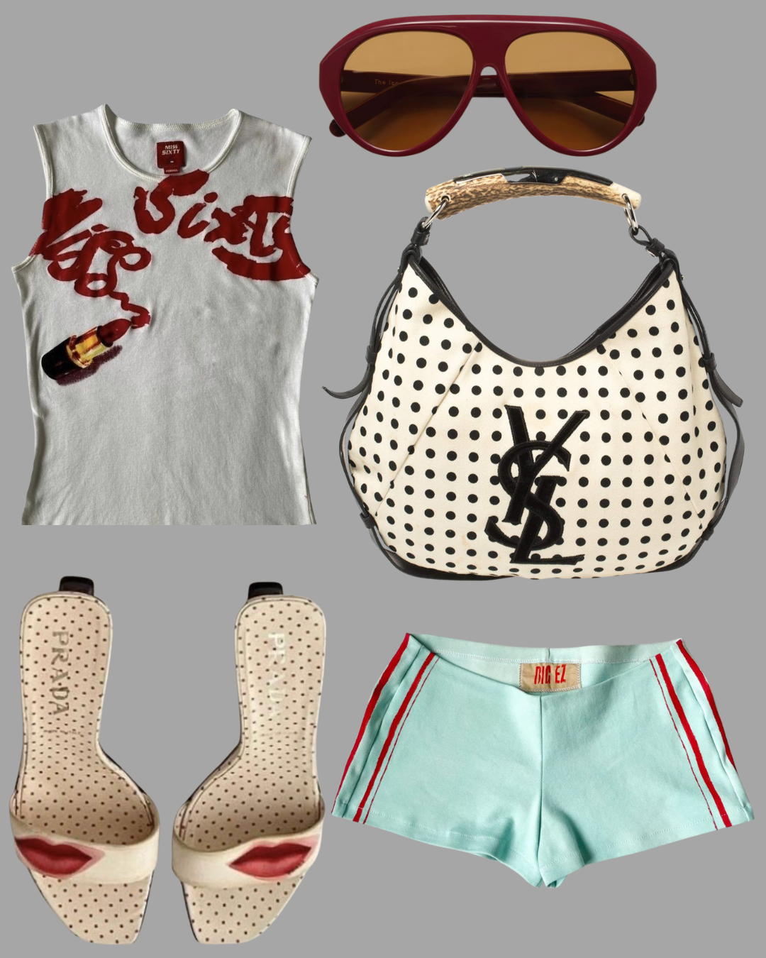 Flat lay of women's fashion accessories and clothing, including red sunglasses, a polka dot handbag, a white tank top with lipstick graphic and red writing, mint green shorts with red stripes, and beige polka dot heels with lips detail.