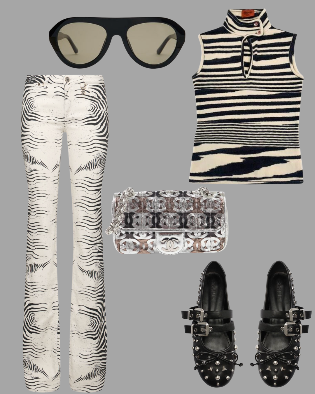 Fashion ensemble featuring zebra print white and black flared pants, a sleeveless black and white striped turtleneck top, black and silver studded flats, a silver and black Chanel handbag, and black sunglasses.