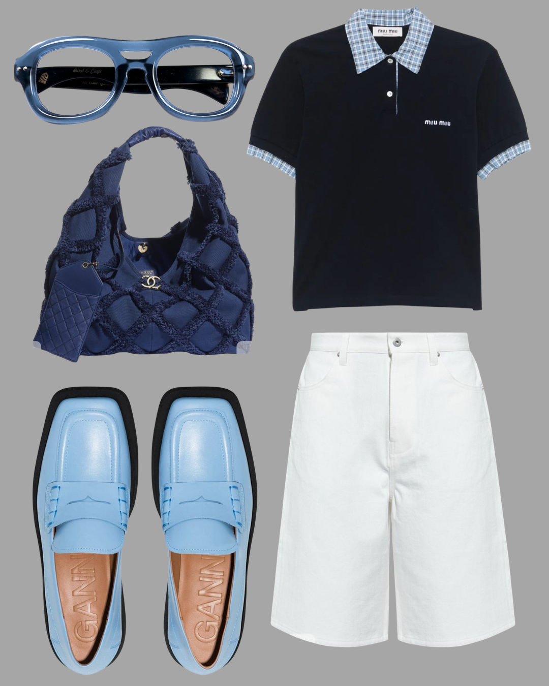 A flat lay of fashion items including blue sunglasses, a navy blue Miu Miu polo shirt with a plaid collar and sleeve accents, a navy blue textured handbag, light blue loafers with black soles, and white high-waisted shorts.