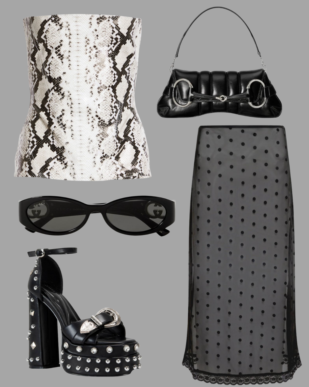 Collection of women's fashion items including a snakeskin pattern top, a black handbag with a chain strap, a gray polka dot skirt with lace trim, black sunglasses with brand logo, and black platform high heels with silver studs and embellishments.