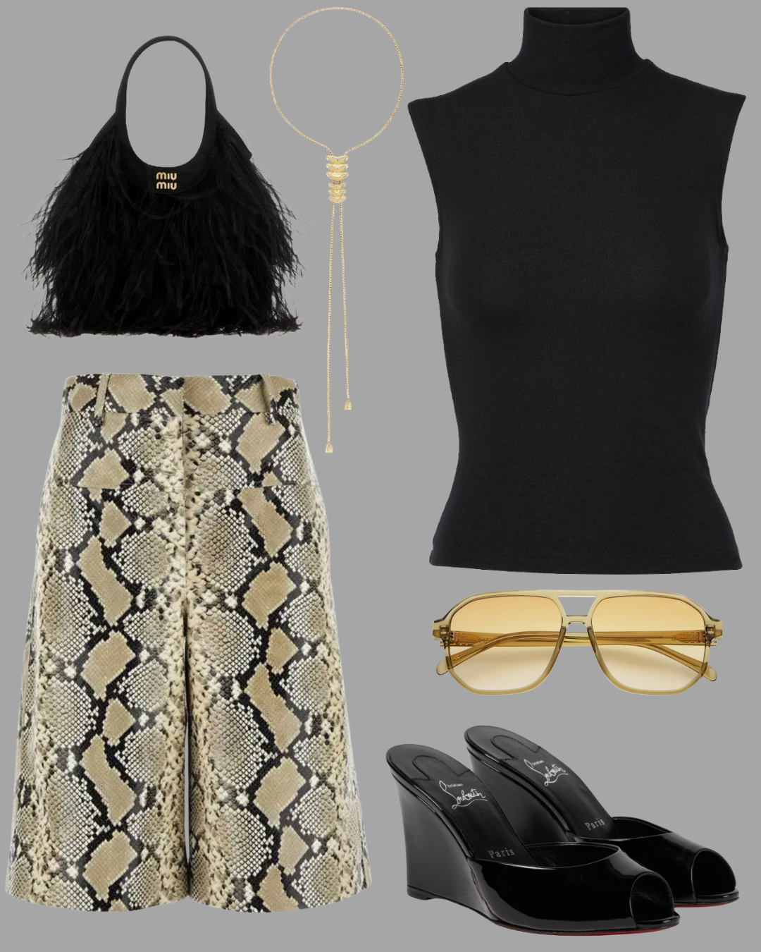 Fashion ensemble featuring a black sleeveless turtleneck top, snake print midi skirt, black feather handbag, gold necklace, yellow-tinted sunglasses, and black wedge sandals.