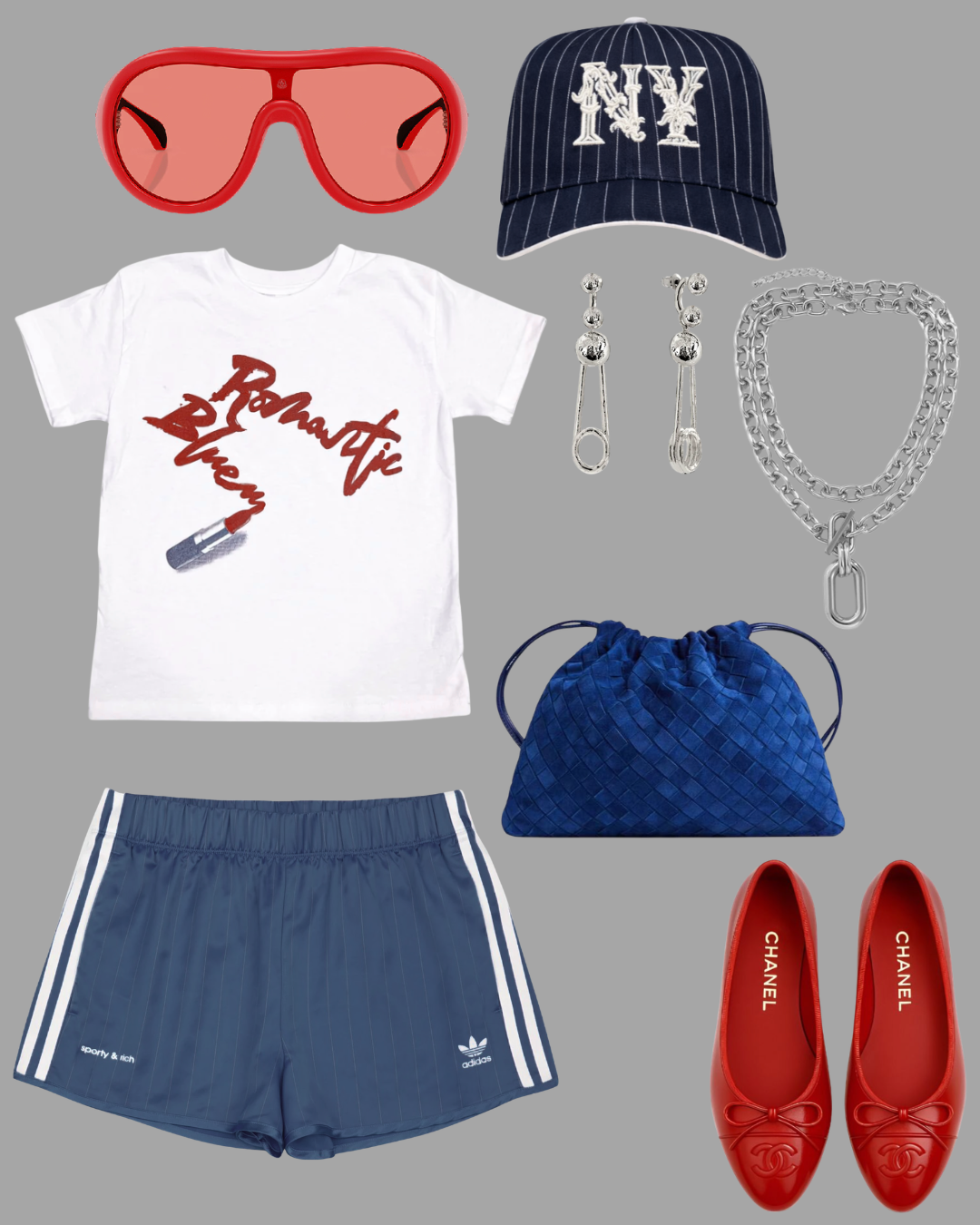 A collection of fashion items including red sunglasses, a baseball cap with NY logo, a white T-shirt with "Romanticism