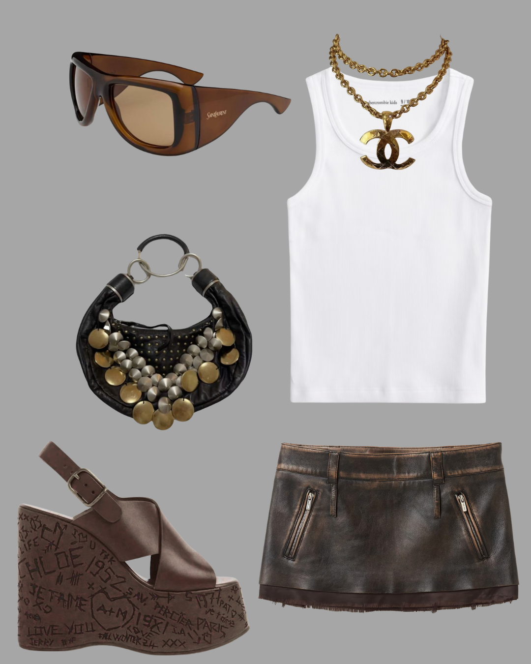 Fashion outfit including a pair of oversized sunglasses, a white tank top with a gold chain necklace featuring a Chanel logo, a black handbag with gold and silver round embellishments, a brown leather high-heeled sandal with handwritten text on the sole, and a dark brown leather mini skirt with zippered pockets.