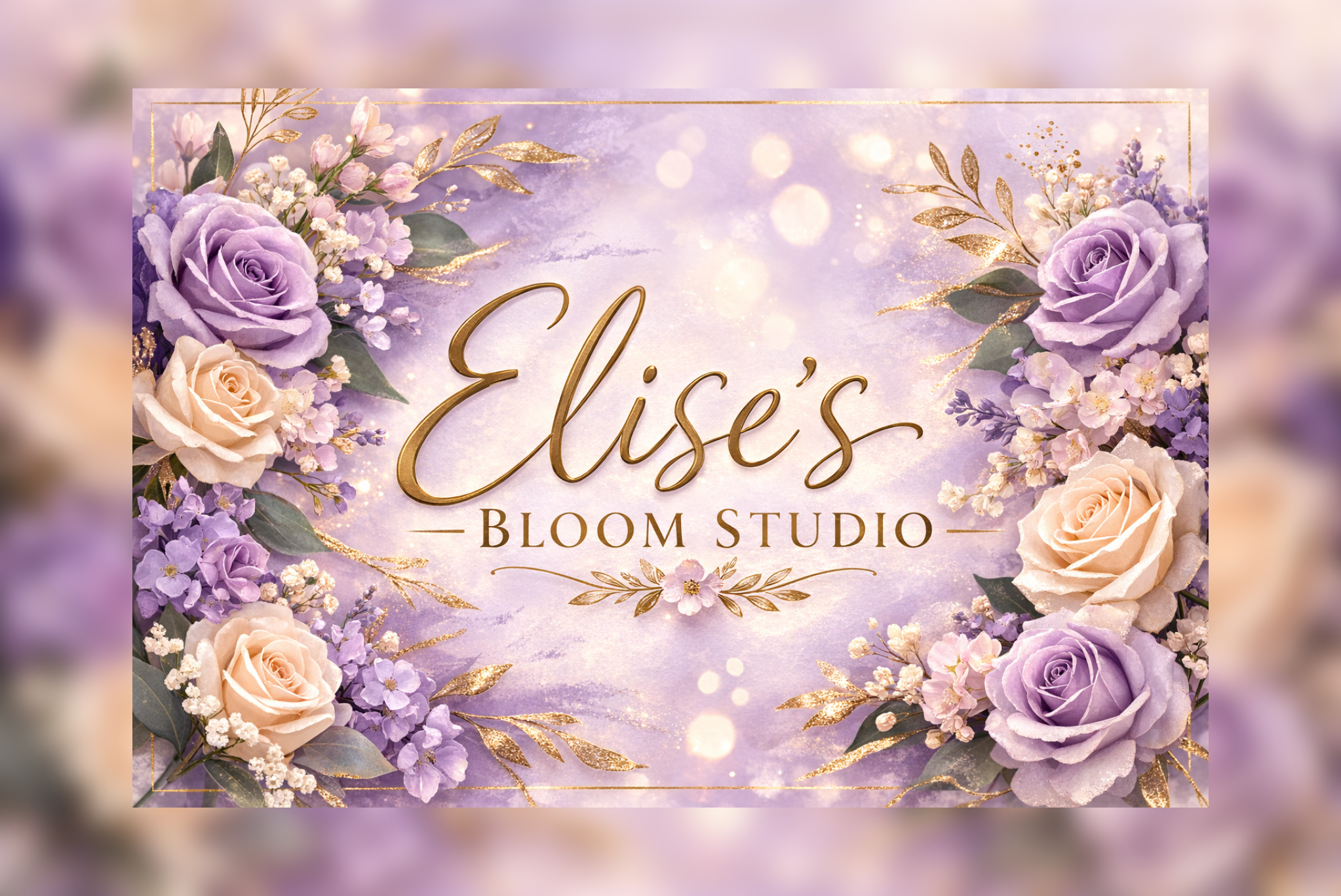 Elegant purple floral wedding sign reading 'Elise's Bloom Studio' with roses, lavender, and gold accents on a soft lavender background.