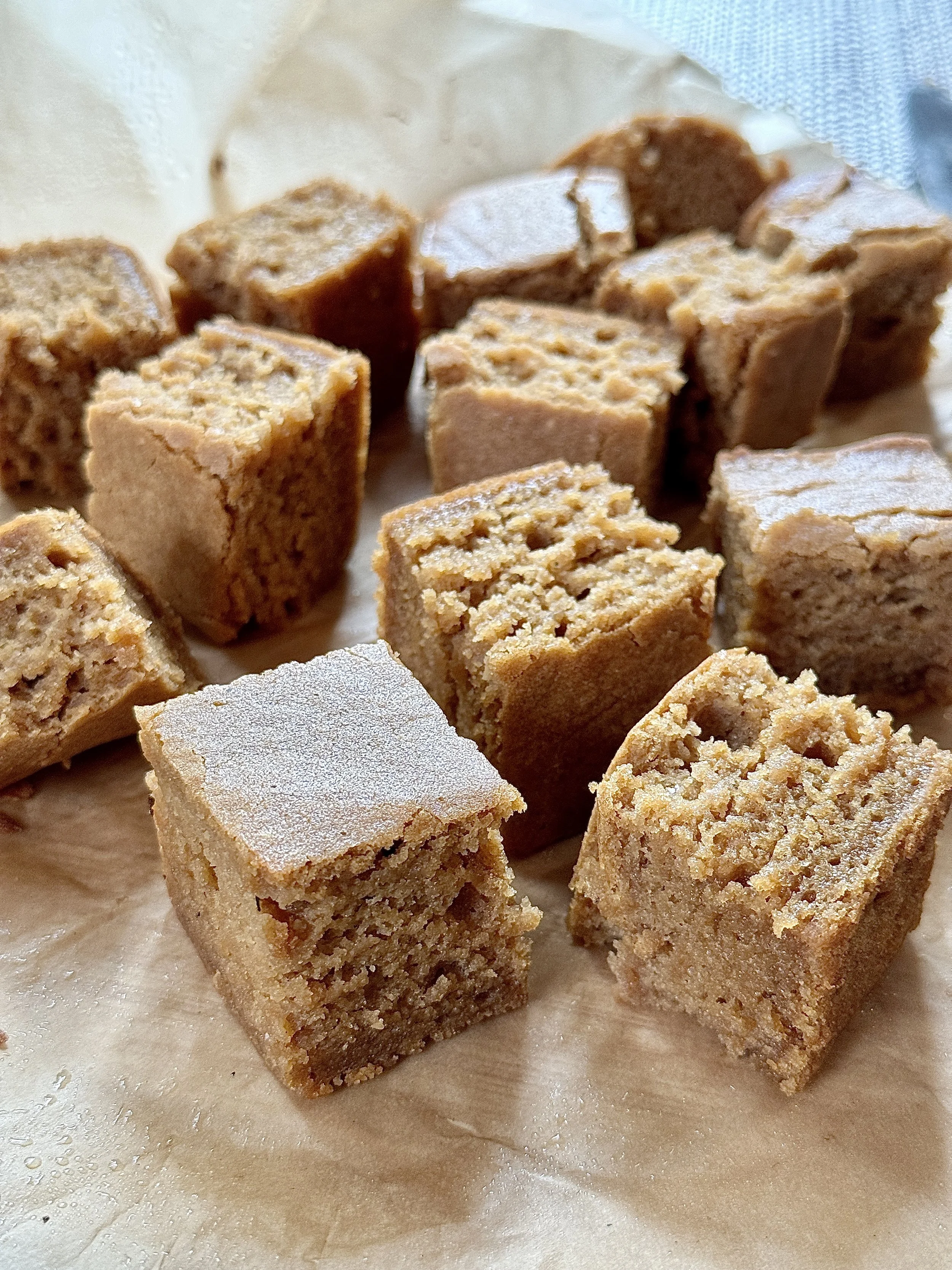 Close-up of several chunks of rice krispie treats with a slightly toasted appearance, resting on parchment paper with a light dusting of powdered sugar.