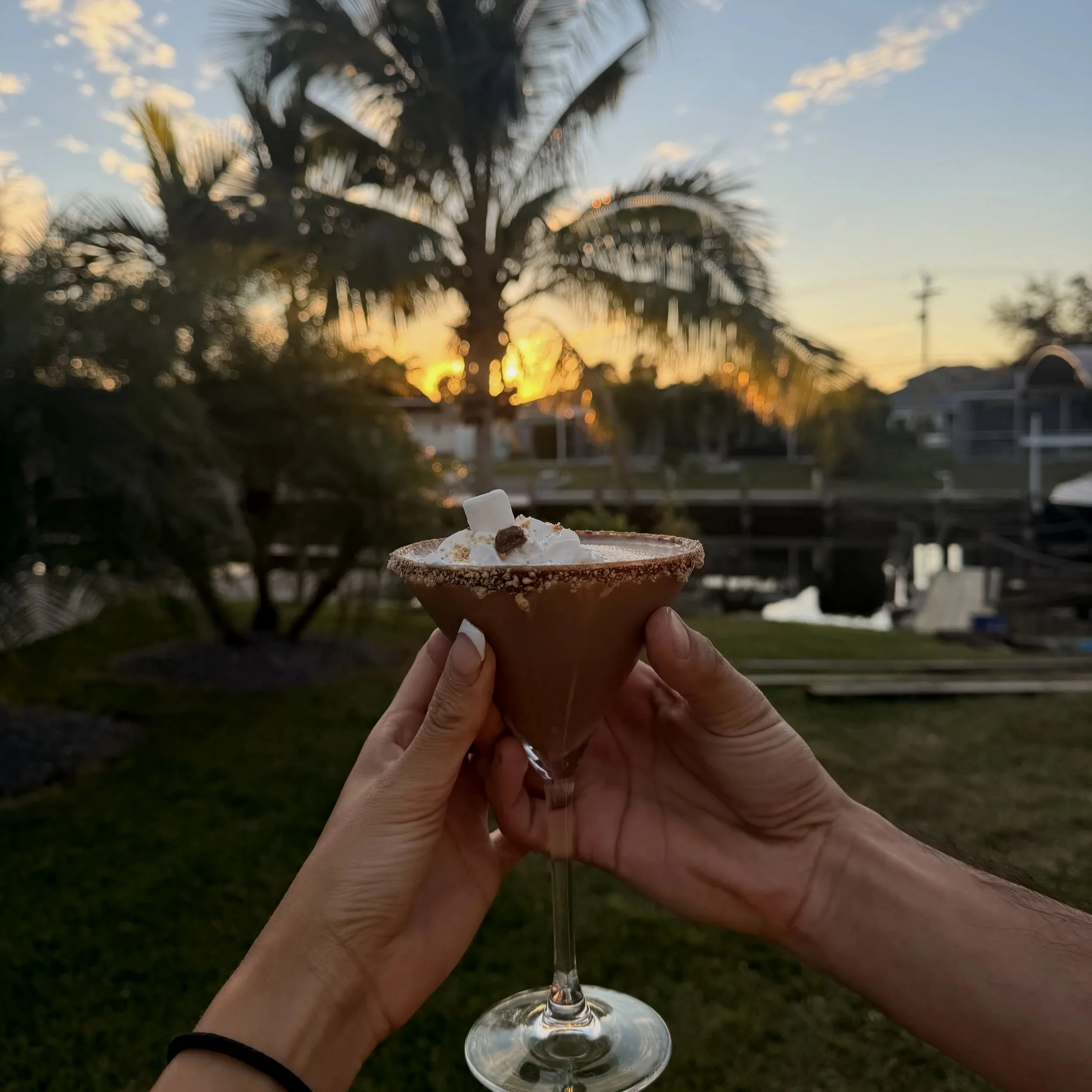 Person holding a cocktail glass with whipped cream and chocolate topping outdoors during sunset, with palm trees and houses in the background.