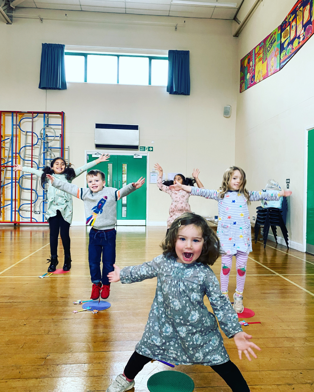 Mindfulness movement session helping children regulate emotions.