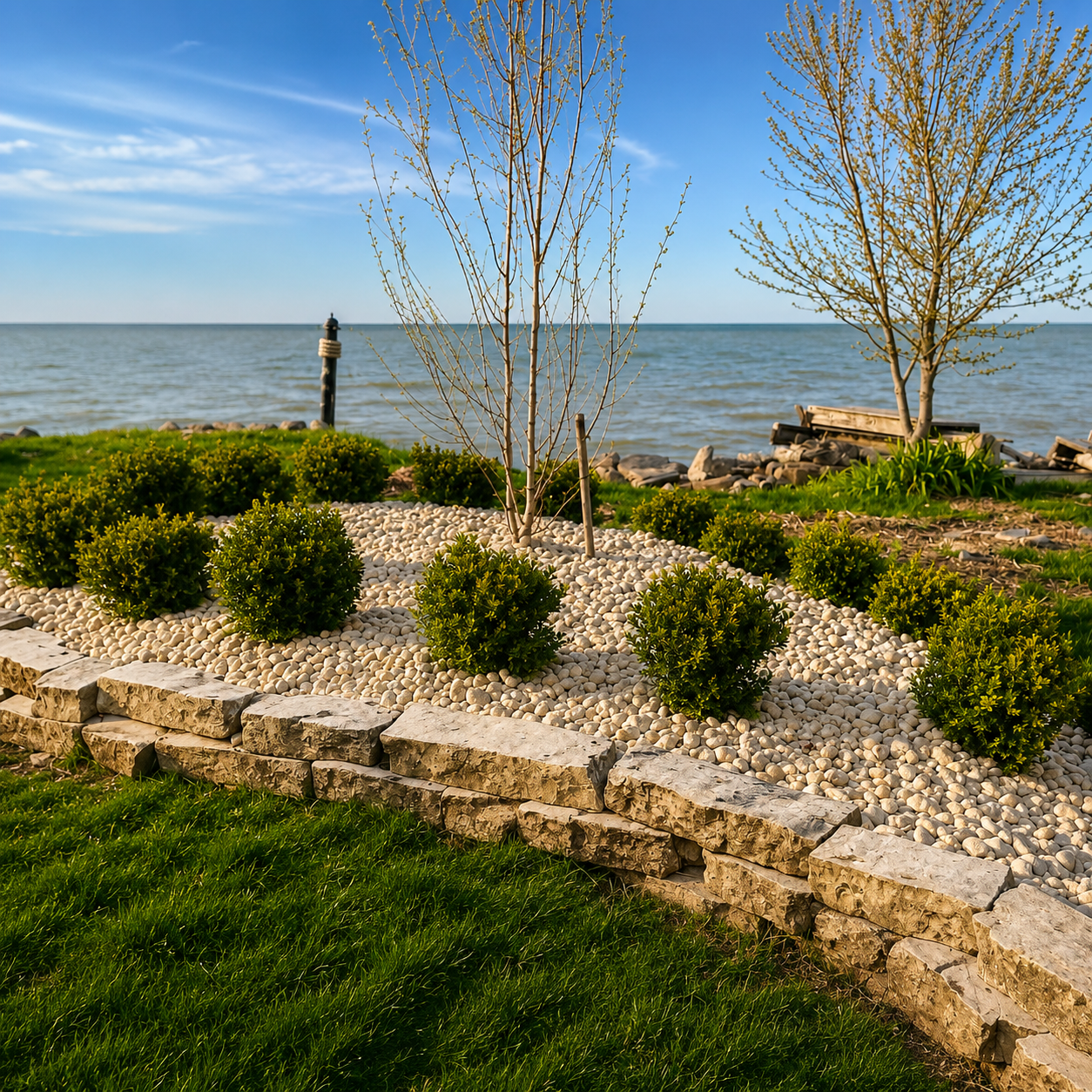 A landscaped garden area near a body of water with small bushes, two trees, a stone border, and a grassy lawn, with a view of the water and a blue sky in the background.