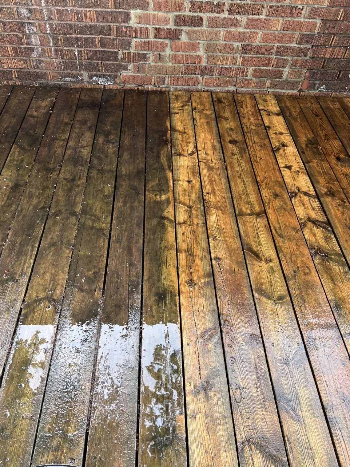 Wet wooden deck with a brick wall in the background.