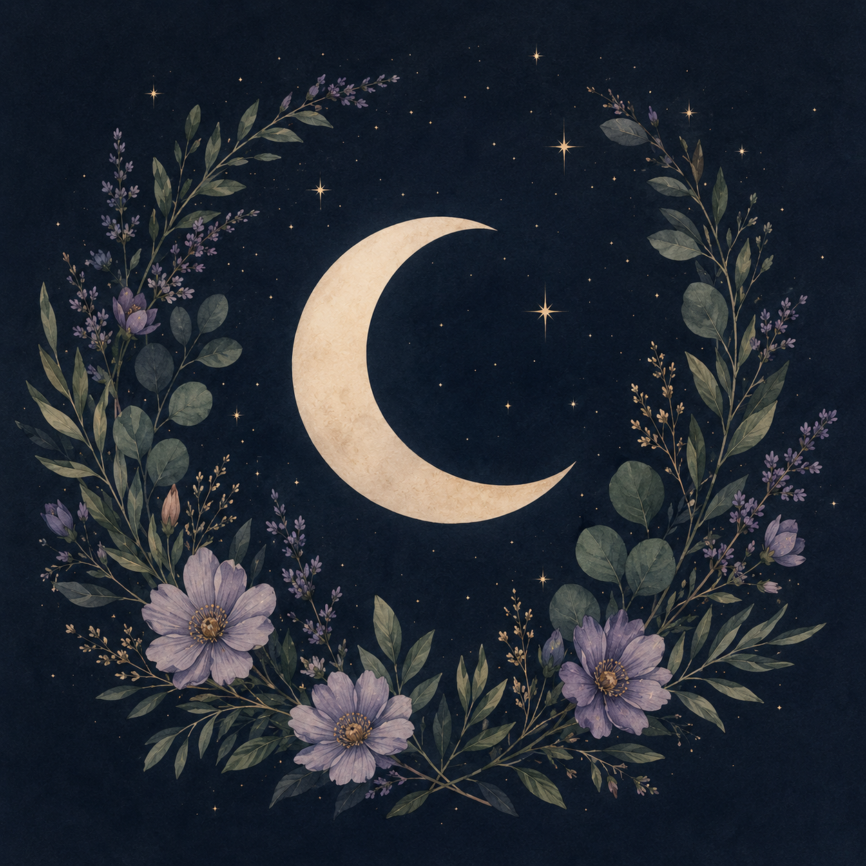 A crescent moon surrounded by flowers and leafy branches against a dark starry sky