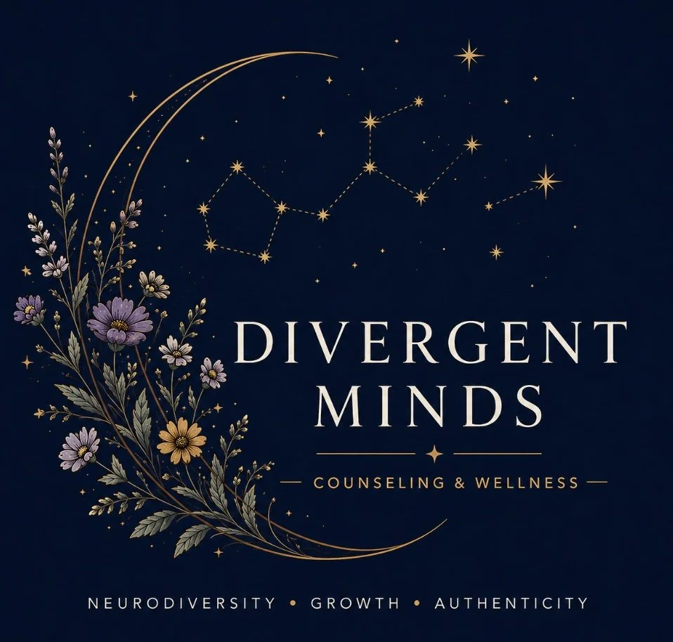 Book cover titled "Divergent Minds: Counseling & Wellness" with a dark blue background, floral illustrations, and constellations