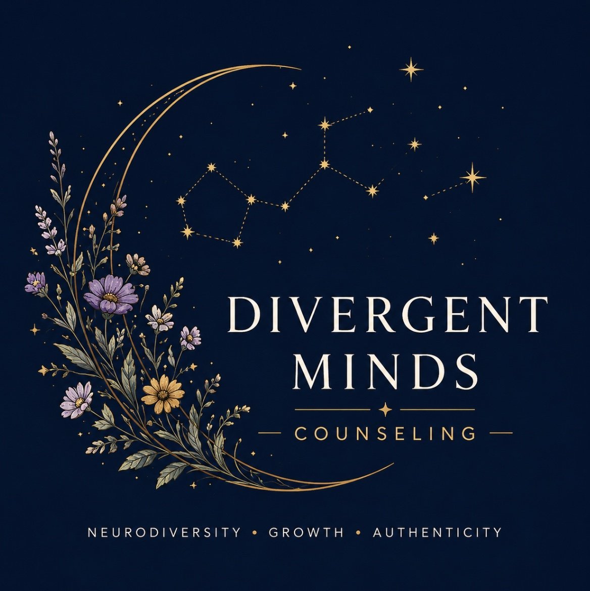 Business card for Divergent Minds Counseling with a dark blue background, gold and purple floral and astronomical design, and text about neurodiversity, growth, and authenticity.