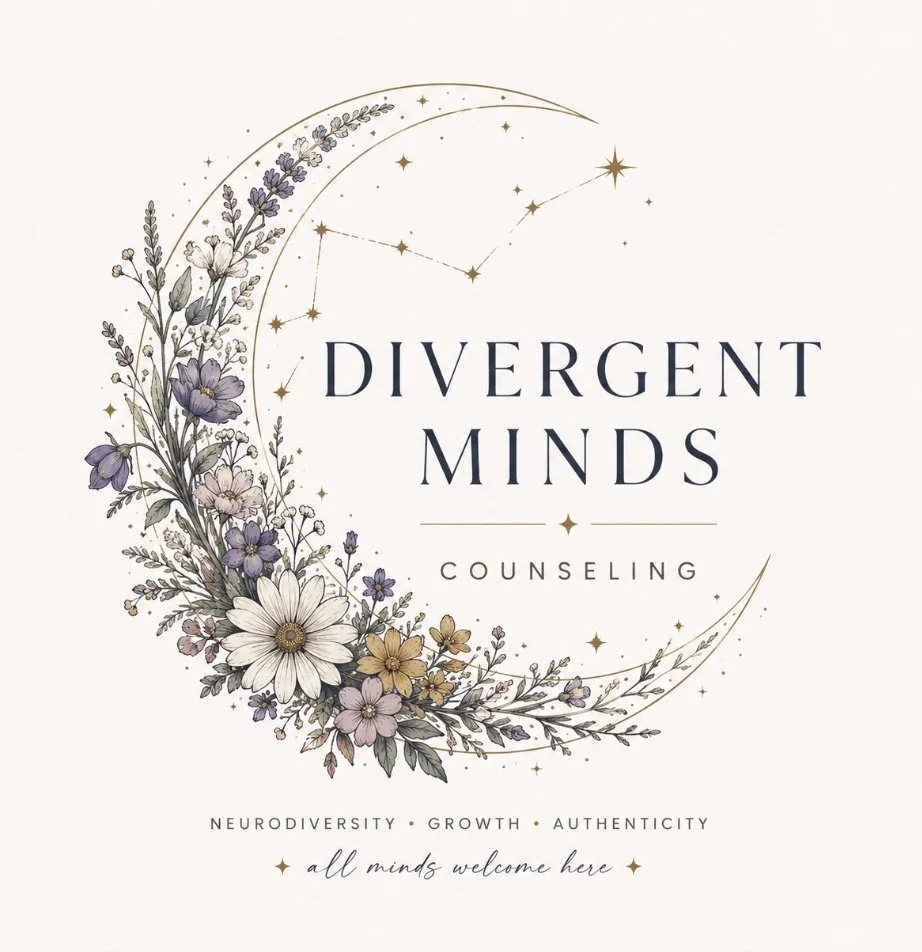 A logo for Divergent Minds Counseling featuring a crescent moon and stars with a floral wreath of purple, pink, white, and yellow flowers and leaves, along with gold accents and small stars, on a light background.