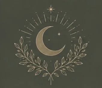 Decorative illustration of a crescent moon and stars surrounded by leafy branches, with a star at the top and radiant lines.