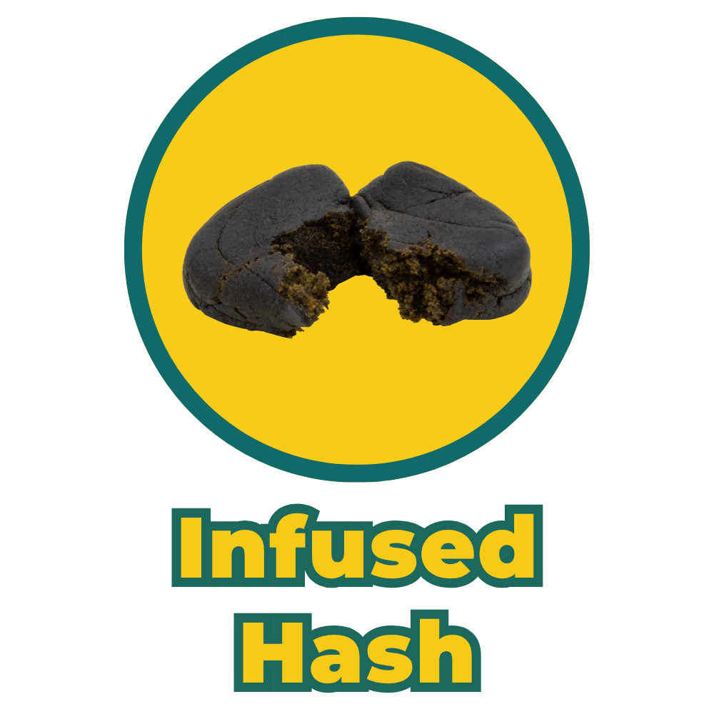 A black hash brown with a bite taken out of it, set against a yellow background with a teal border. Text below reads "Infused Hash."